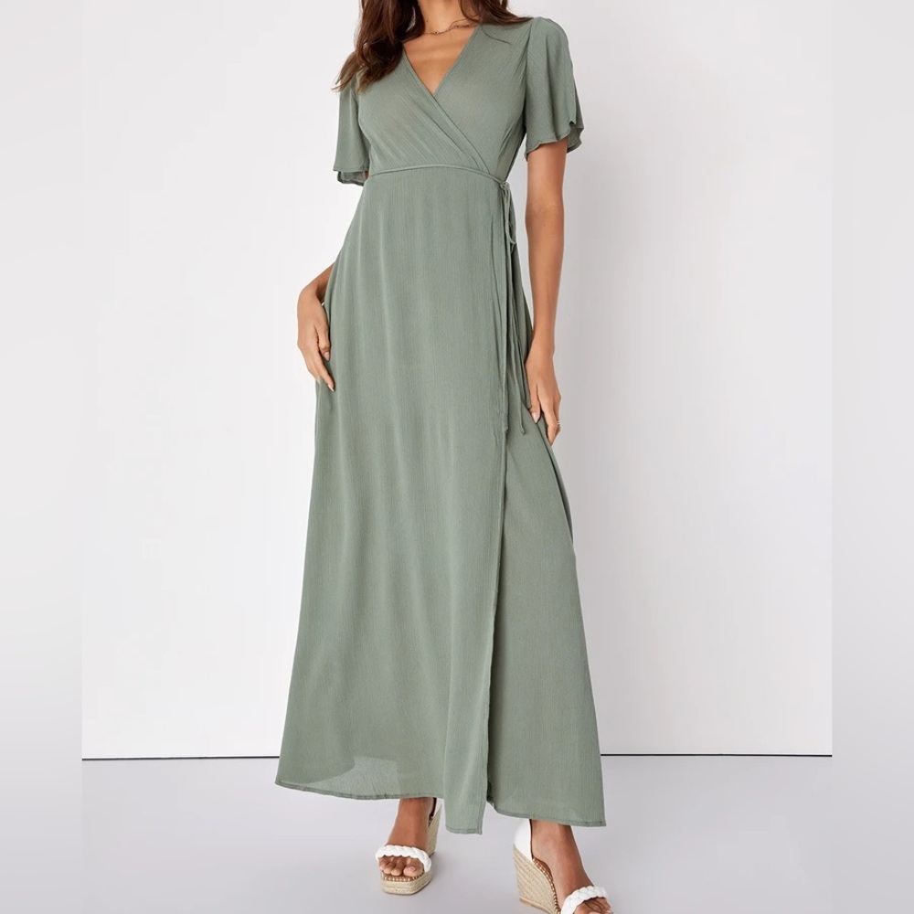 EUC Lulu’s Much Obliged Washed Olive Green Wrap Maxi Dress